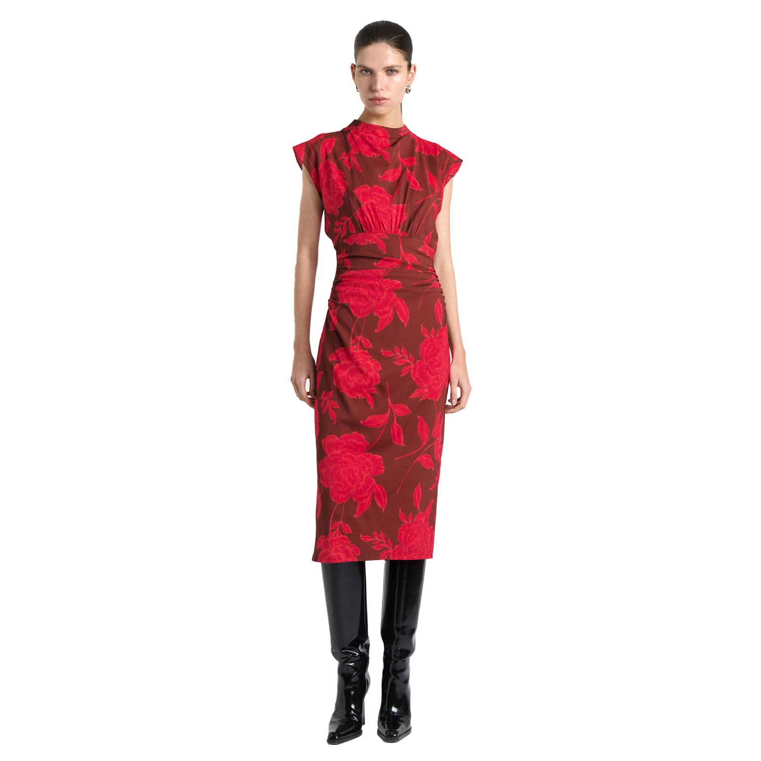 Cue Amour Floral Ruched Waist Midi Dress